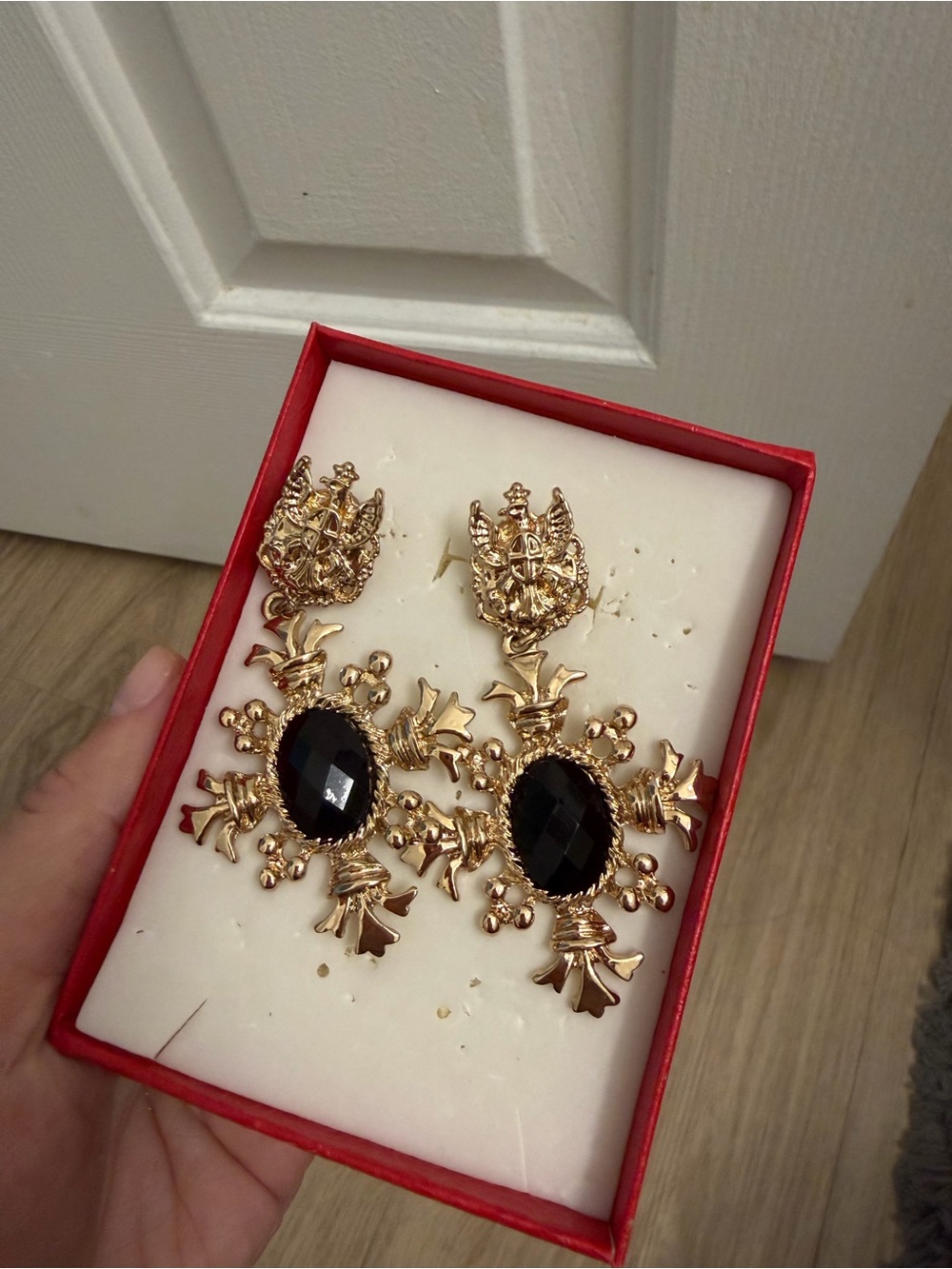 Gold-Tone Black Stone Statement Drop Earrings
